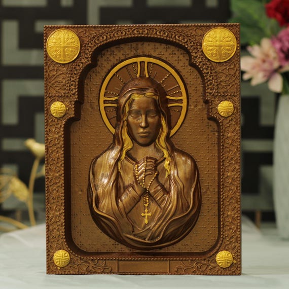 Blessed Mother Mary Wall Art – Vintage Catholic Home Decor | Handcrafted Religious Wood Plaque | Christian Gift for Prayer Room, Entryway