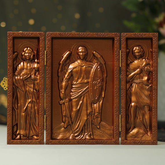 Holy Archangels Wooden Triptych • Antique Style Catholic Decor • Handmade Christian Gift • Religious Home Altar Art