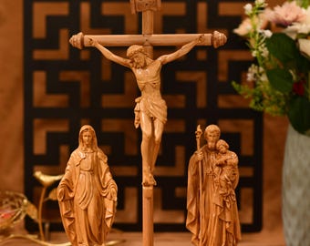 木彫りの十字架像：カトリックの家庭用祭壇、宗教的な贈り物（27インチ