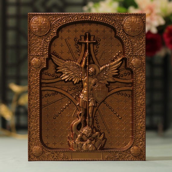 St Michael Archangel Wood Wall Art - Antique Style Religious Decor with Hanging Hook for Catholic Home Religious Wall Art Catholic Art