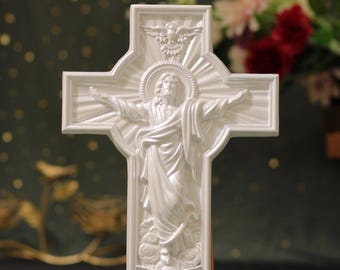 Jesus Crucifix Wall Cross – Pearl White Style | Catholic Wall Decor | Wooden Hanging Cross | Christian Home Gift