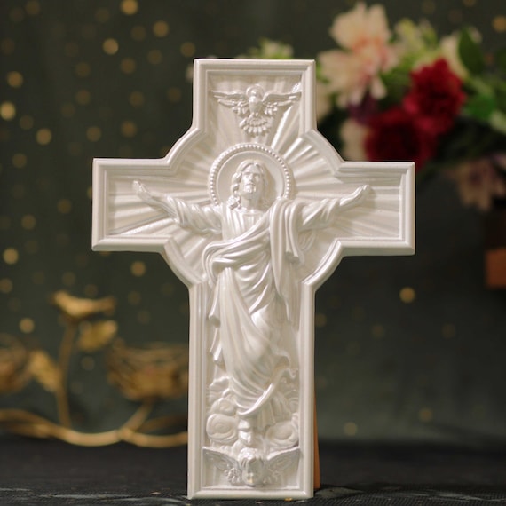 Jesus Crucifix Wall Cross – Pearl White Style | Catholic Wall Decor | Wooden Hanging Cross | Christian Home Gift