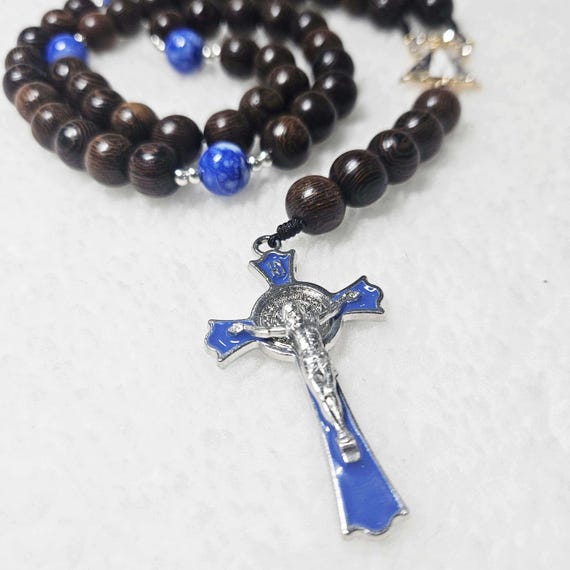 Blue Stone Catholic Rosary with 2.2" Crucifix, Our Lady of Guadalupe Medal & 10mm Black Wood Beads | Handmade Rosary | Catholic Gift