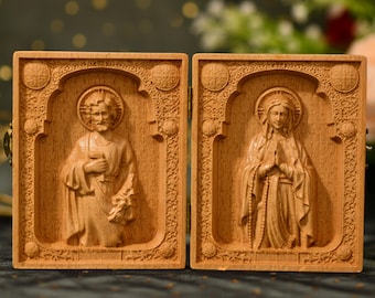 Díptico católico de la Virgen María y San José, panel de madera, decoración cristiana para el hogar, regalo religioso para bautismo, confirmación, sala de oración.