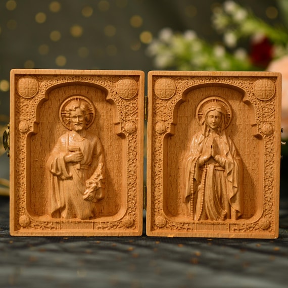 Catholic Diptych of Virgin Mary and St Joseph Wooden Panel Christian Home Decor Religious Gift for Baptism Confirmation Prayer Room Art