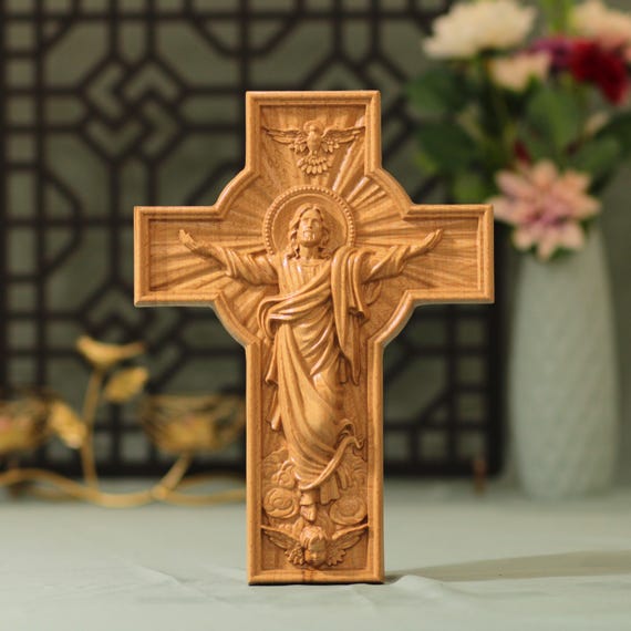 Jesus Crucifix Wall Cross Catholic Wood Art Christian Home Decor Gift for Baptism First Communion Confirmation Religious Crucifix