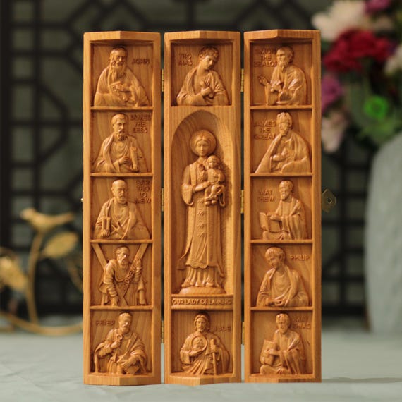 Our Lady of Lavang and the Twelve Apostles Triptych Catholic Wood Panel Religious Wall Art Christian Gift Blessed Mother Vietnamese Devotion