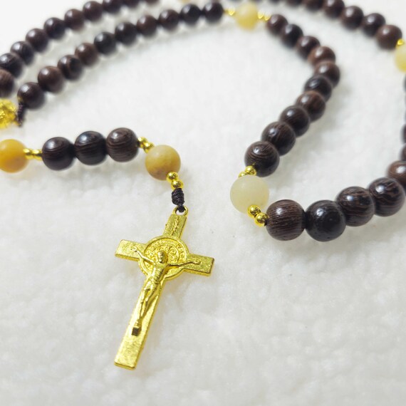 Black Green Cypress Wood Rosary with Gold Stone Beads, 1.5-Inch Crucifix & Chalice Medal | Catholic Prayer Gift