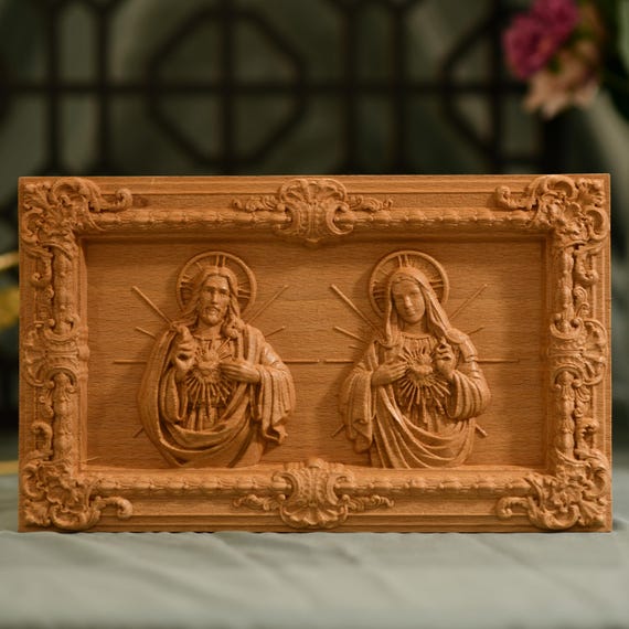 Sacred Heart of Jesus and Immaculate Heart of Mary Wall Art Wooden Table Top Decor Christmas Decorations Father's Day Gift Thank You Gift