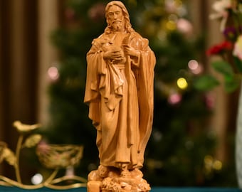 Good Shepherd Wooden Statue Catholic Jesus Christ Statue Good Shepherd Figurine Christian Gift Religious Wooden Sculpture Christ Home Decor
