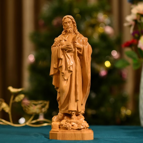 Good Shepherd Wooden Statue Catholic Jesus Christ Statue Good Shepherd Figurine Christian Gift Religious Wooden Sculpture Christ Home Decor