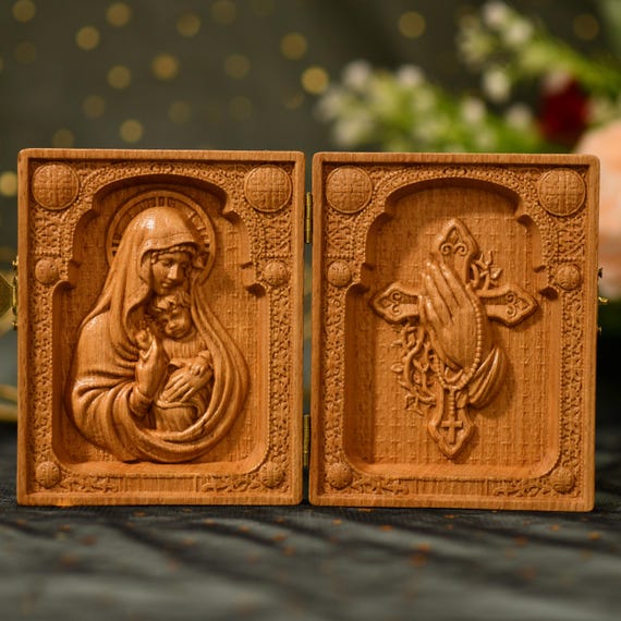 Orthodox Diptych of Mother Mary Holding Baby Jesus and Praying Cross Religious Baptism Gift Small Diptych Graduation Gift Icon Diptych