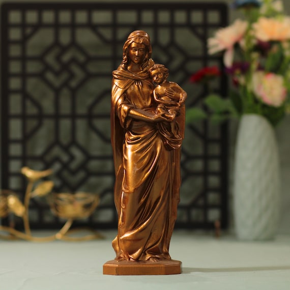 Virgin Mary Holding Baby Jesus Wooden Statue Antique Style Catholic Gifts Mary and Jesus Catholic Art Handmade Gift Handmade Home Decor