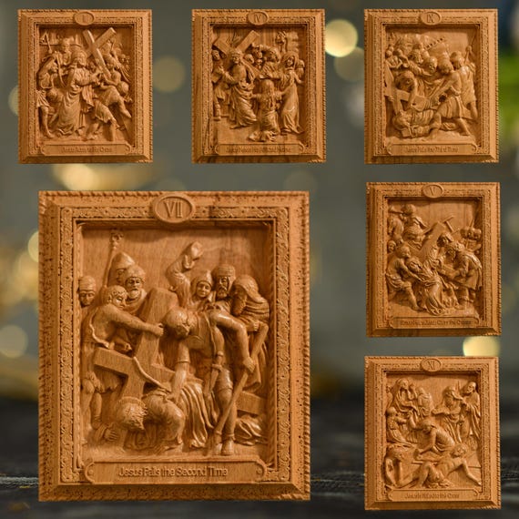 A Set of 14 Wooden Stations of the Cross Solid Wood Carving Room Decor Religious Gift Catholic Art Catholic Gifts Modern Christian Art