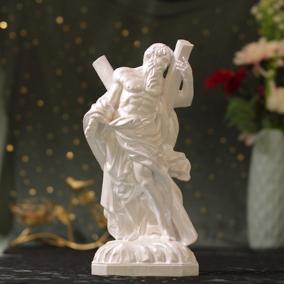 Handmade Saint Andrew Statue: Pearl White Wood Catholic Decor