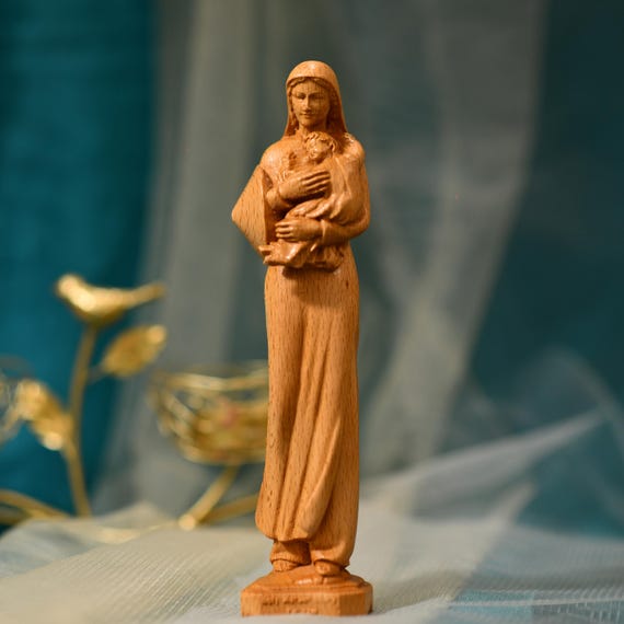 Mother Mary Holding Baby Jesus Wood Statue Vietnamese Catholic Gift Virgin Mary Figure Christian Home Decor Hand Carved Religious Art