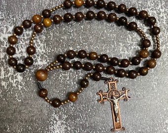 Exquisite Catholic Rosary featuring black wooden beads and a bronze-tone crucifix, Wood Bead rosary, Catholic Gifts, Cord Rosary