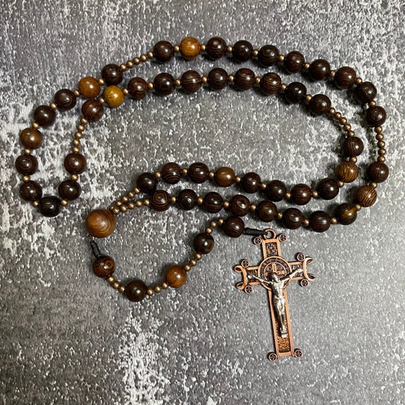 Exquisite Catholic Rosary featuring black wooden beads and a bronze-tone crucifix, Wood Bead rosary, Catholic Gifts, Cord Rosary
