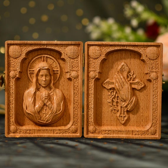 Wooden Catholic Diptych Praying Mary and the Cross Orthodox Gifts Virgin Mary Orthodox Icons Travel Gifts for Women Mother's Day Gifts