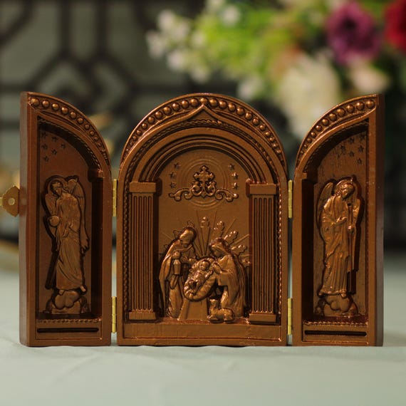 Antique Style Nativity Triptych Holy Trinity- Archangel Michael- Archangel Gabriel Christmas Gift Ideas Catholic Home Decor Prayer Altar
