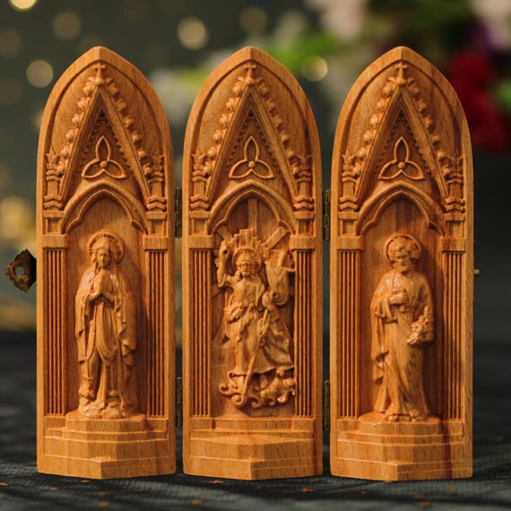 Resurrection of Jesus Christ | Our Lady | St Joseph Wooden Catholic Triptych Religious Gifts Wooden Home Altar Jesus Christ Home Altar Decor