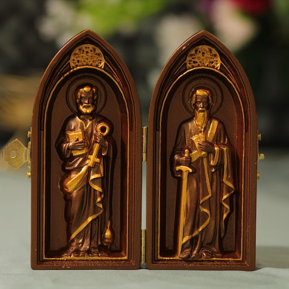 Saint Peter & Saint Paul Wooden Diptych Vintage Catholic Diptych Hand Carved Christian Religious Icon Gift Religious Decor Apostles Diptych