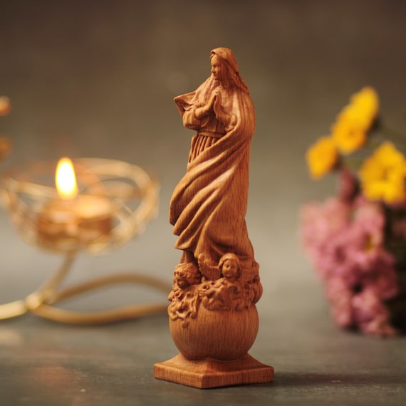 Assumption of Virgin Mary Wood Statue Catholic Blessed Mother Figurine Handmade Religious Gift Marian Decor Christian Home Altar Sculpture