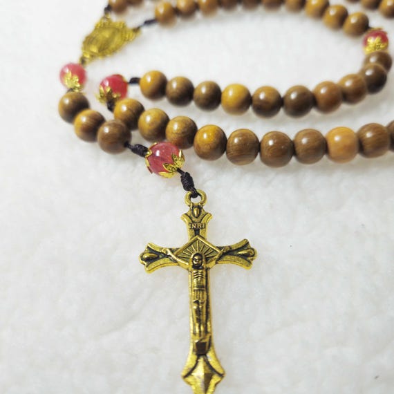 Red Gemstone Catholic Rosary, Paracord Rosary, Wood Bead rosary, Pardon Crucifix Rosary, Catholic Gifts, First Communion Gift
