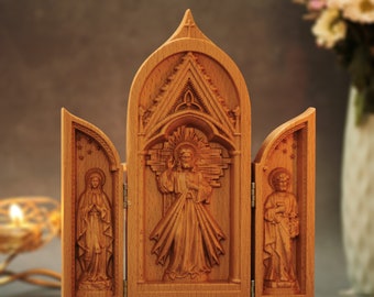 Catholic Triptych Jesus Christ- St. Joseph- Virgin Mary Religious Gifts Wooden Catholic Home Altar Jesus Christ Home Decor Religious