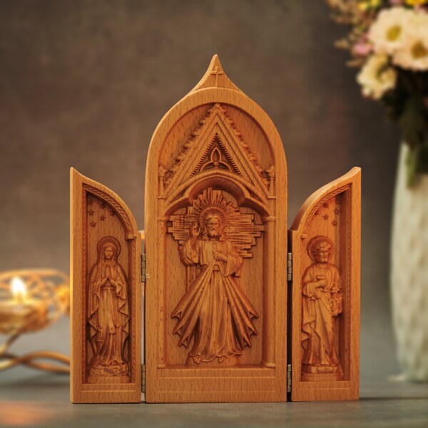 Catholic Triptych Jesus Christ- St. Joseph- Virgin Mary Religious Gifts Wooden Catholic Home Altar Jesus Christ Home Decor Religious