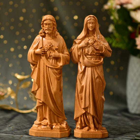 Set of Sacred Heart of Jesus| Immaculate Heart of Mary Wooden Statues Catholic Gift Set Christian Home Altar Decor Hand Carved Religious Art