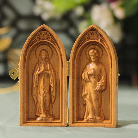 Virgin Mary and Saint Joseph Catholic Diptych Handmade Christian Gift Holy Family Wood Art for Home Altar Religious Christmas Baptism Decor