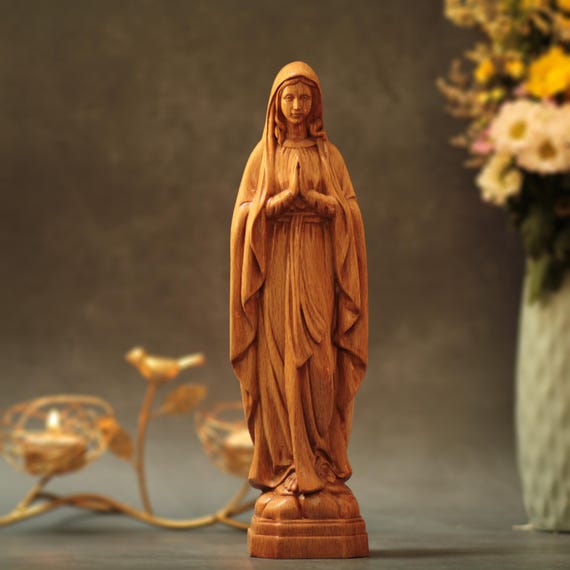 Our Lady of Lourdes Catholic Icons Wooden Virgin Mary Statue Home Decor and Gifts Catholic Art Mothers Day Gifts Handmade Gift Holiday Decor