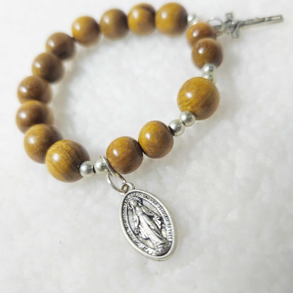 Yellow Cypress Wood Catholic Bracelet | Handmade Prayer Beads for Children, Rosary Bracelet, Faith Gift
