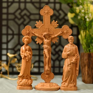 Set of Catholic Home Altar Jesus Our Lady of Lavang St. Joseph Wall Art Wooden Crucifix Prayer Altar Hanging Ornament Handmade Home Decor