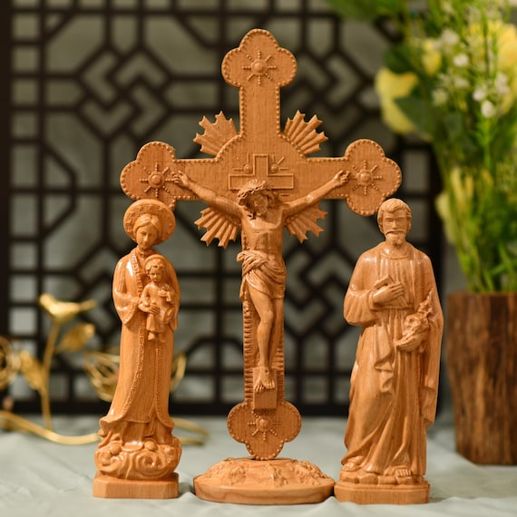 Set of Catholic Home Altar Jesus Our Lady of Lavang St. Joseph Wall Art Wooden Crucifix Prayer Altar Hanging Ornament Handmade Home Decor