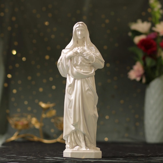 Handmade Pearl White Immaculate Heart of Mary Statue - Catholic Wood Sculpture