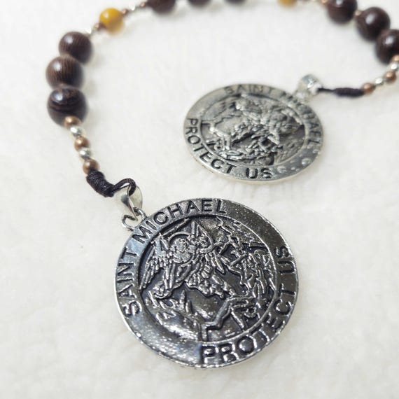 Catholic Pocket Rosary with Saint Michael metal medals, Wood Bead rosary, Rosary for Her, Catholic Gifts, First Communion Gift
