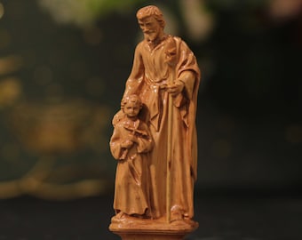 Saint Joseph the Worker and Baby Jesus Small Catholic Wooden Statue– Hand-Carved Christian Home Décor Gift