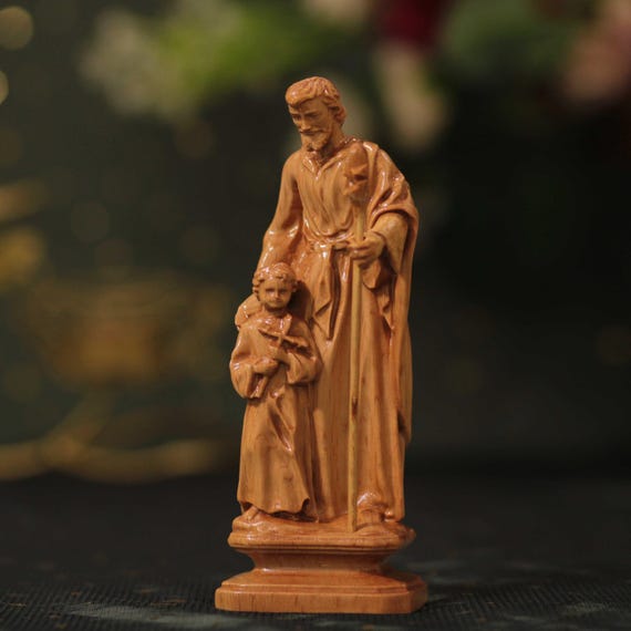 Saint Joseph the Worker and Baby Jesus Small Catholic Wooden Statue– Hand-Carved Christian Home Décor Gift