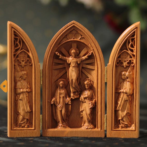 Wooden Catholic Triptych of Christ Triumphant with Mary, Joseph, and Angels Religious Gifts Wooden Catholic Triptych Catholic Gifts