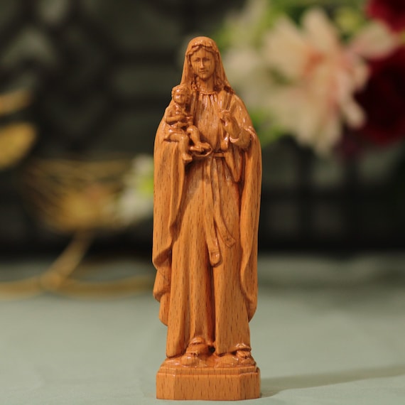 Handmade Beech Wood Mother Mary and Baby Jesus Statue - Catholic Home Decor