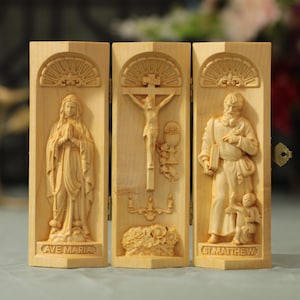 Altar portátil hecho a mano Jesucristo / San Mateo / Ave María Decoración del hogar Mini altar católico Tríptico Suministros de oración Decoración cristiana