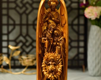 Nativity Birth of Christ- Archangel Gabriel - St.Joseph- Virgin Mary Wooden Statue Vintage Style Religious Icon Handmade Furniture and Decor
