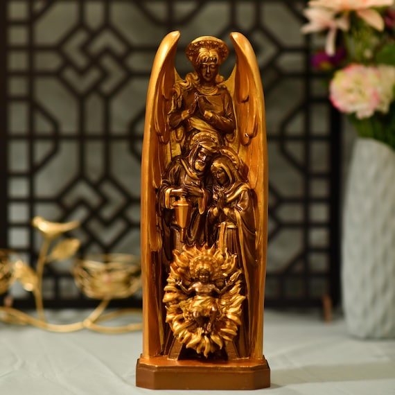 Nativity Birth of Christ- Archangel Gabriel - St.Joseph- Virgin Mary Wooden Statue Vintage Style Religious Icon Handmade Furniture and Decor