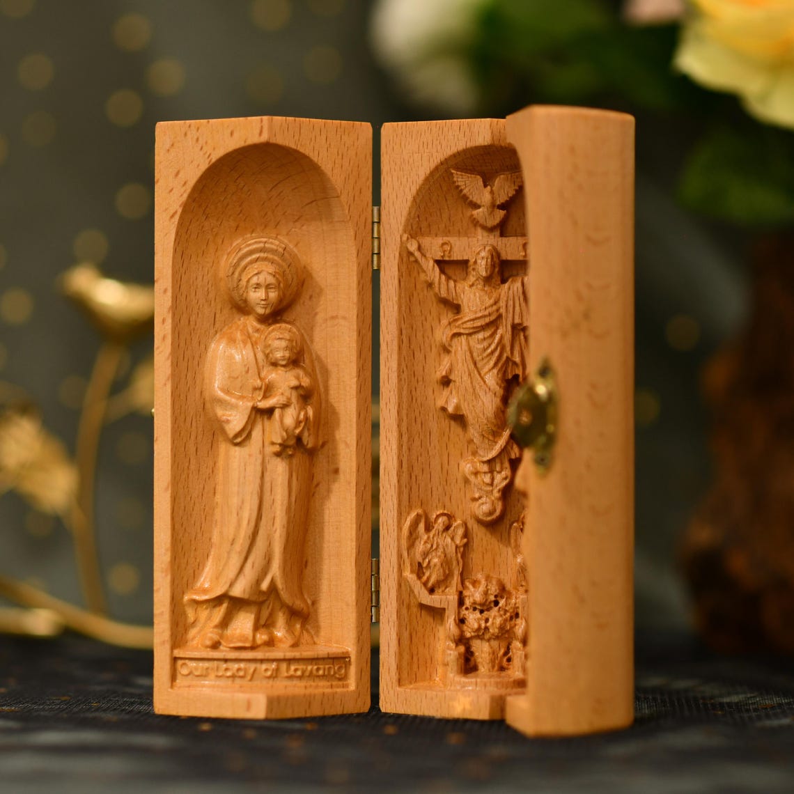 Home Portable Altar Table Catholic Triptych Art Wood Carving Catholic ...