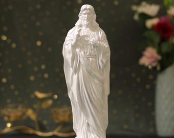 Estatua del Sagrado Corazón de Jesús hecha a mano: escultura de madera blanca perlada
