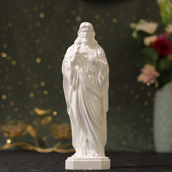 Handmade Sacred Heart of Jesus Statue: Pearl White Wood Sculpture
