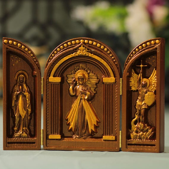 Handmade Prayer Altar of Jesus Christ, Our Lady of Lourdes, Archangel Michael Vintage Style Christian Stuff Catholic Prayer Catholic Gifts