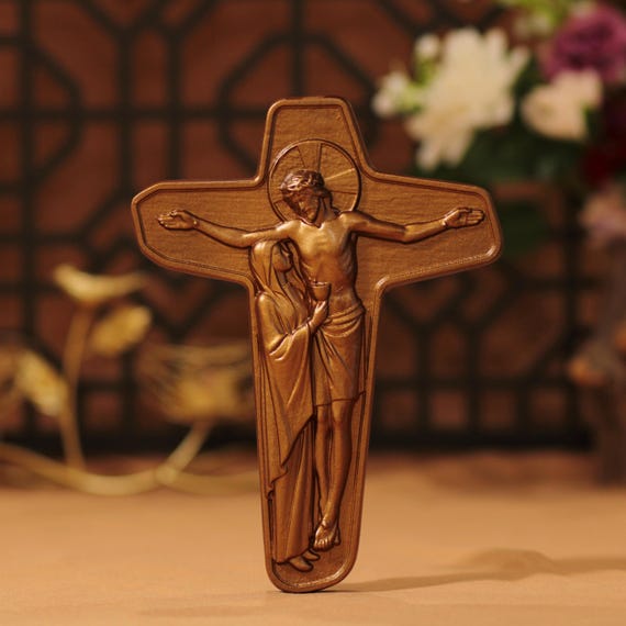 Hand-Carved Wood Christ Crucifix - Antique Style Catholic Wall Cross